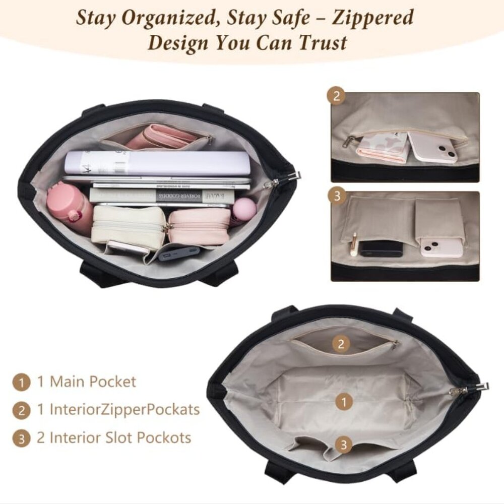 Woven Tote Bag for Women, Lightweigh Monogram Beach Bag with Zipper & Sand-Proof - Picture 6 of 10